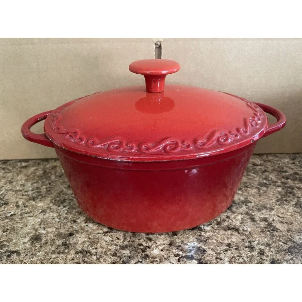 Vintage Red Enamel Cast Iron Dutch oven with Lid Double Handle